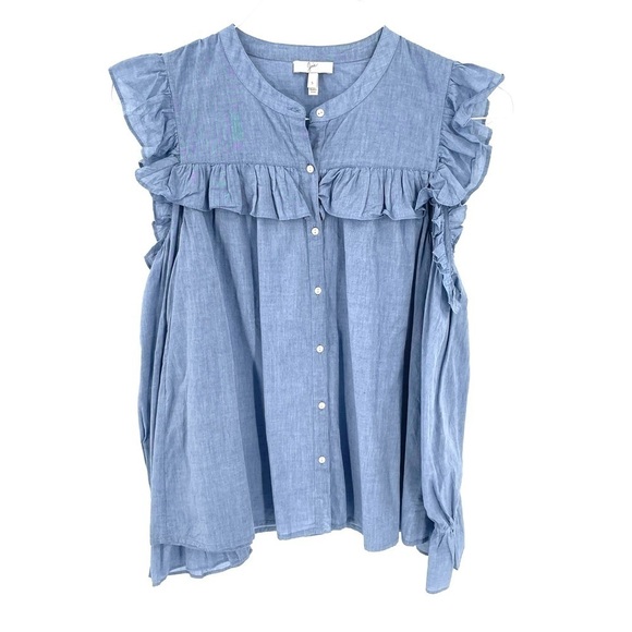 Joie Akari Ruffle Cold Shoulder Chambray Long Sleeve Button Front Blouse Top - Picture 3 of 9